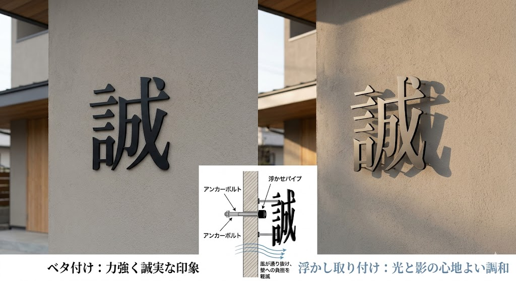 壁から浮かせて取り付けることで生まれる光と影の心地よい調和