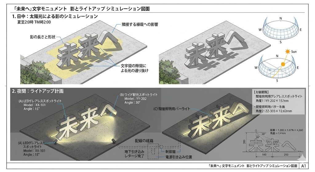 日中の影や夜間のライトアップを想定したデザインを意識する